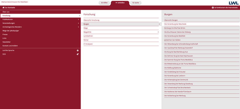 Screenshot: Der Pfad auf der Homepage zu den Burgenseiten