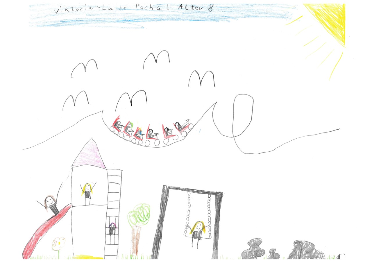 Gemaltes Bild eines Kindes. Freizeitpark um das Megalithgrab.
