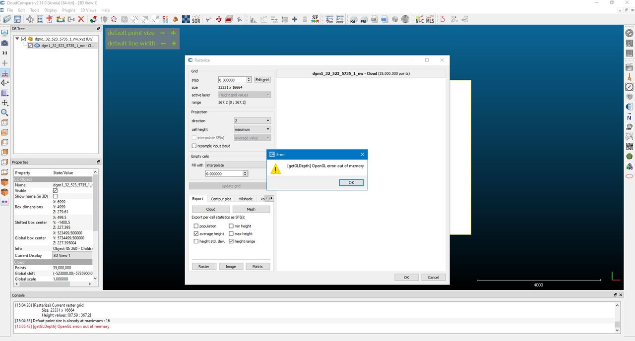 Eine wiederkehrende Fehlermeldung bei CloudCompare (Screenshot: Altertumskommission/U. Steinkrüger).