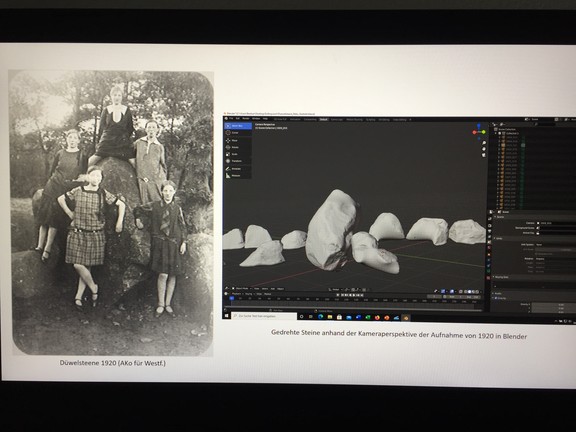 Im Vergleich mit dem alten Foto werden die Steine im Modell nun langsam in ihre Position vor der Rekonstruktion 1932 gedreht (Screenshot: Altertumskommission/Jüngerich).