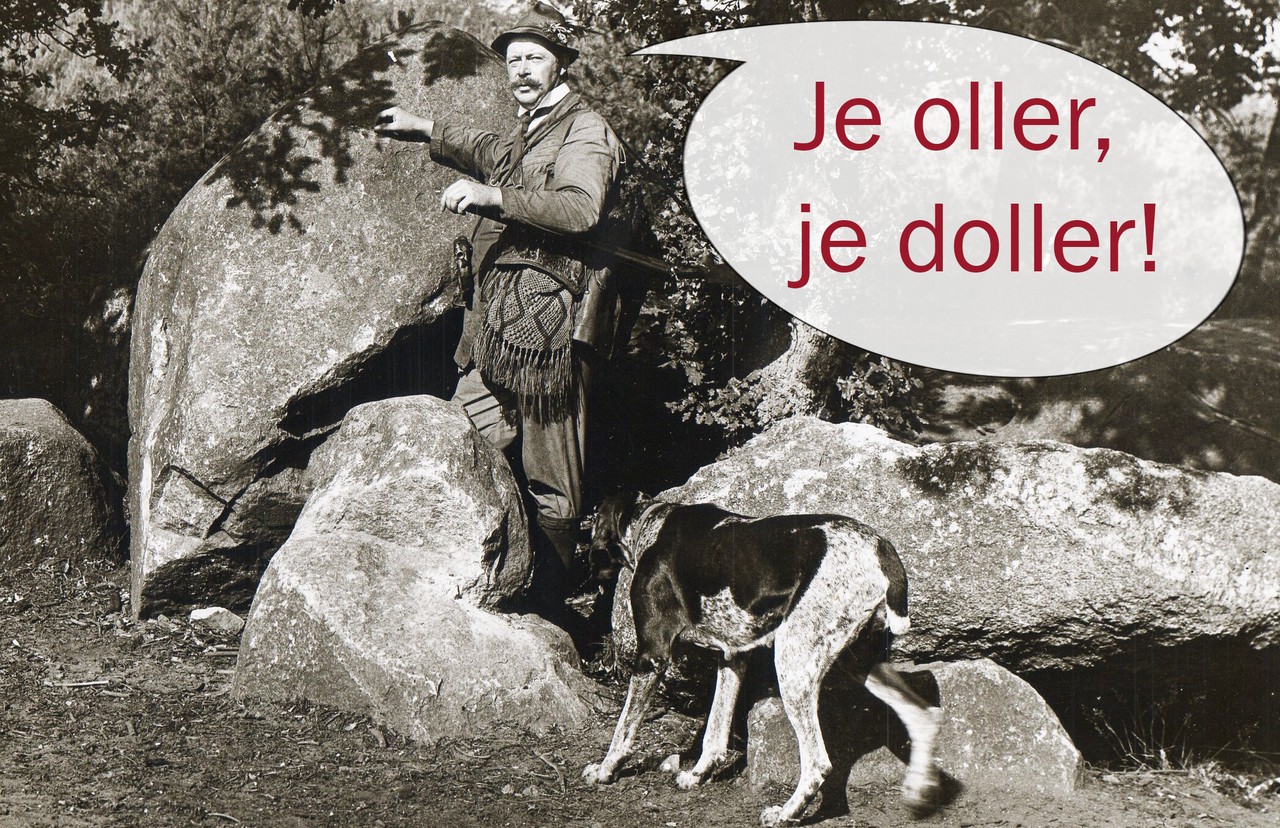 Historisches Foto: Jäger mit Hund an den Düwelsteenen.