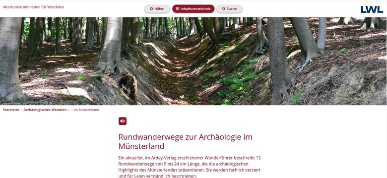 Screenshot der Unterseite "Archäologisches Wandern im Münsterland" auf der Homepage der AKo.