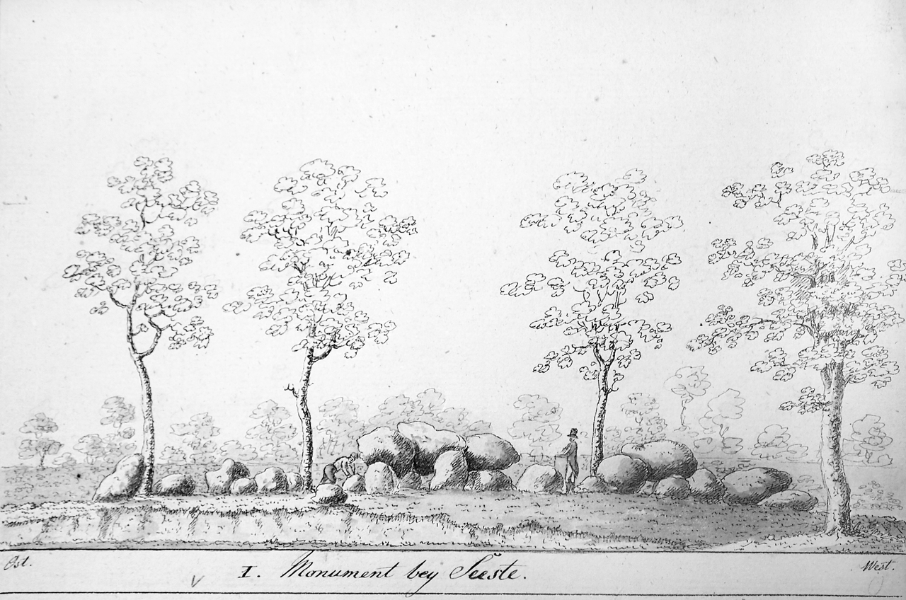 Zeichnung des Grabes von Graf zu Münster-Langelage, 1807, (Grafik: Niedersächsisches Landesamt für Denkmalpflege, Archäologisches Archiv).