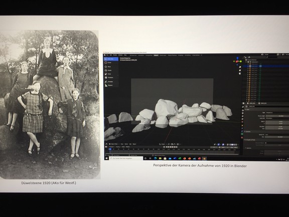 Links die Düwelsteene im ursprünglichen Erhaltungszustand; rechts das digitale Modell der heutigen Rekonstruktion (Screenshot: Altertumskommission/Jüngerich).