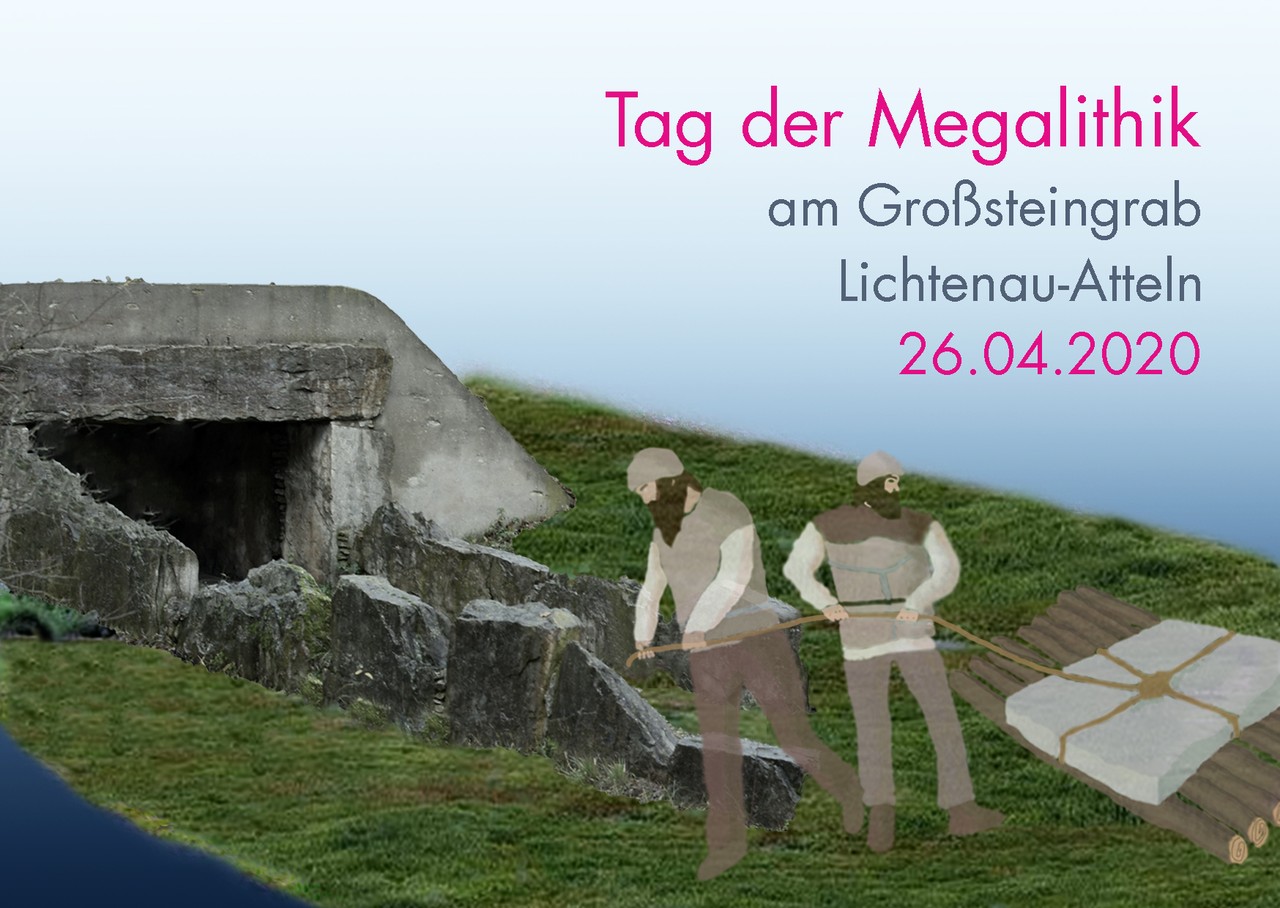 Das Bild zeigt die Postkarte des diesjährigen Tages der Megalithik. Zwei Figuren ziehen eine Kalksteinplatte zum Grab hin.
